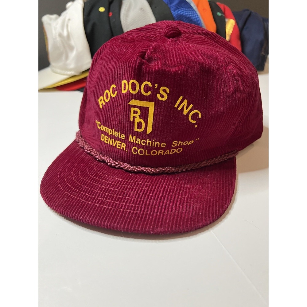 Vintage 80s Corduroy hat AmaPro Adjustable Red Rope hat RocDoc Machine Shop CO